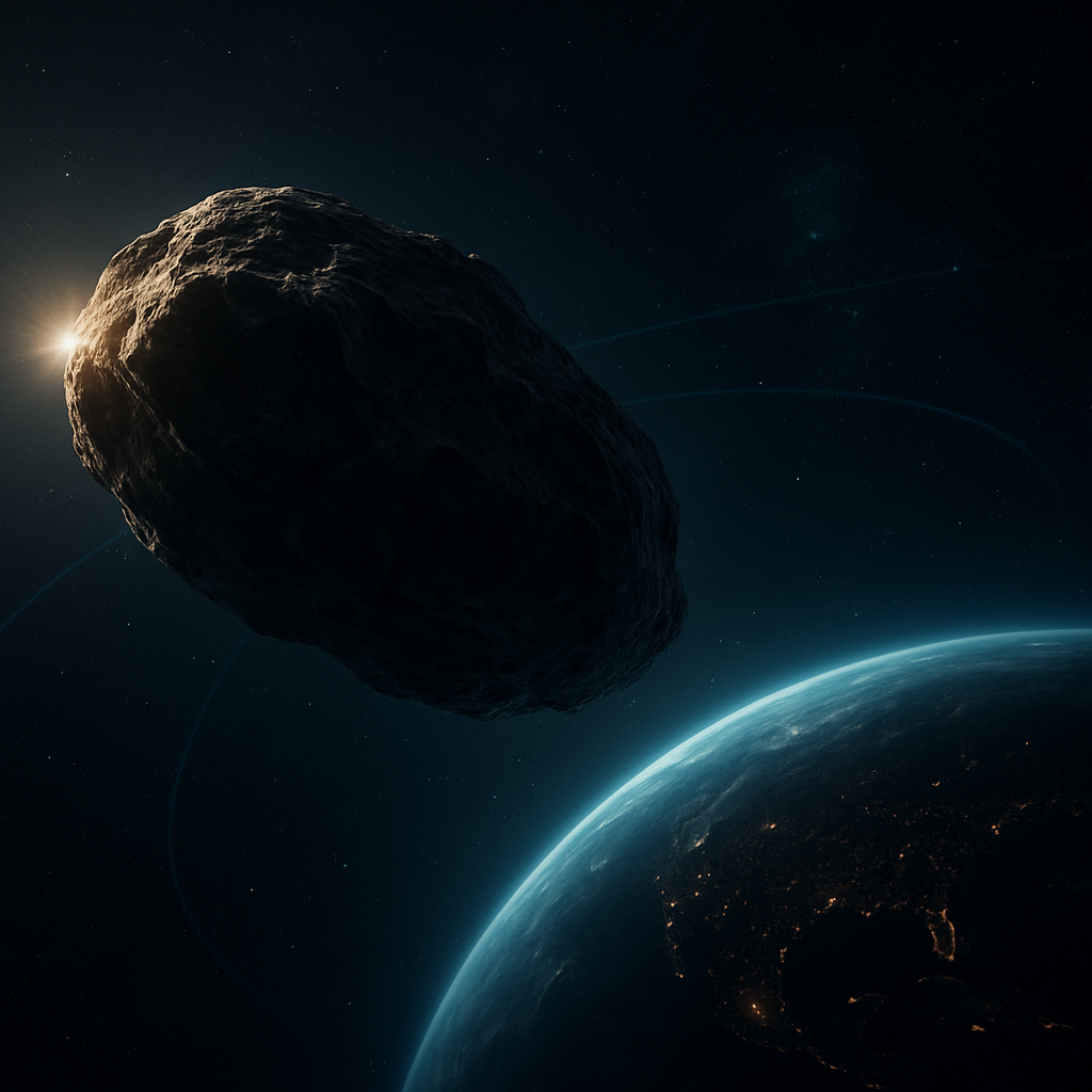 A near-Earth asteroid drifting through deep space toward Earth